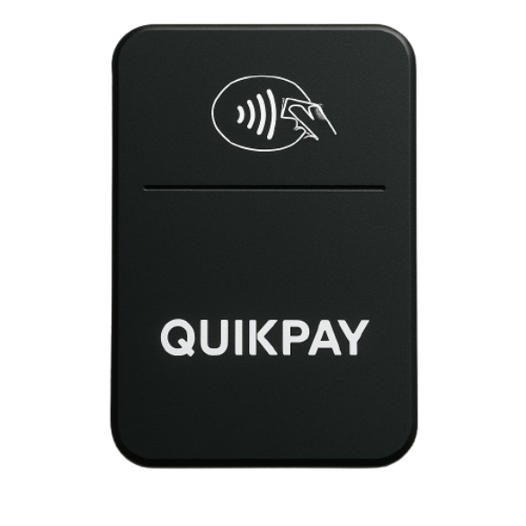 QuikPay payment device - sleek black terminal with contactless payment symbol and QuikPay branding